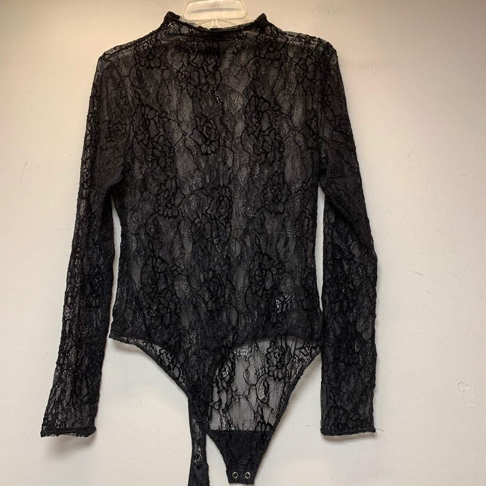 Good American Bodysuit Womens Large Black Excellent Lace Mock Neck Long Sleeve